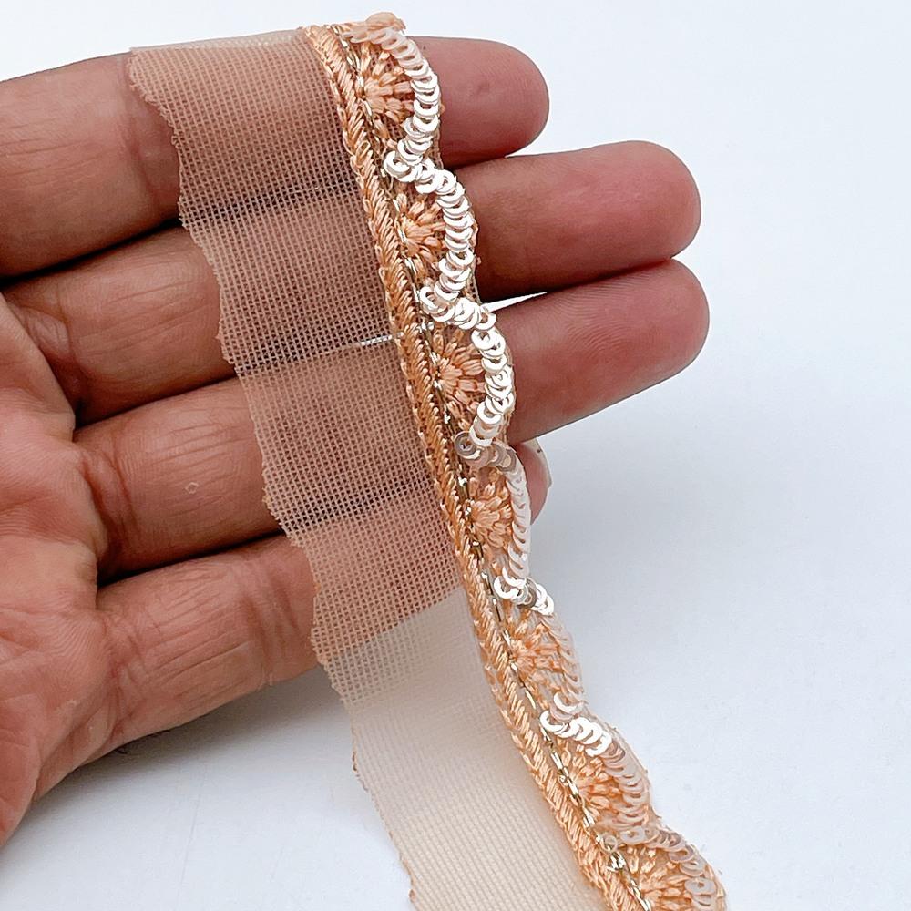 12mm Embroidered Net Scallop Lace Trim - Sequin & Zari Floral Border for Ethnic Wear in Peach