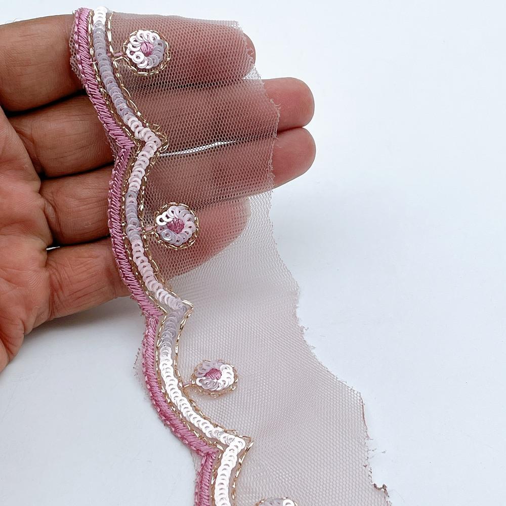 20mm Embroidered Net Wave Scallop Lace Trim - Sequin & Zari Border for Ethnic Wear, shown on white cotton