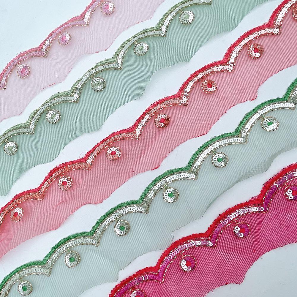 20mm Embroidered Net Wave Scallop Lace Trim - Sequin & Zari Border for Ethnic Wear, view 1
