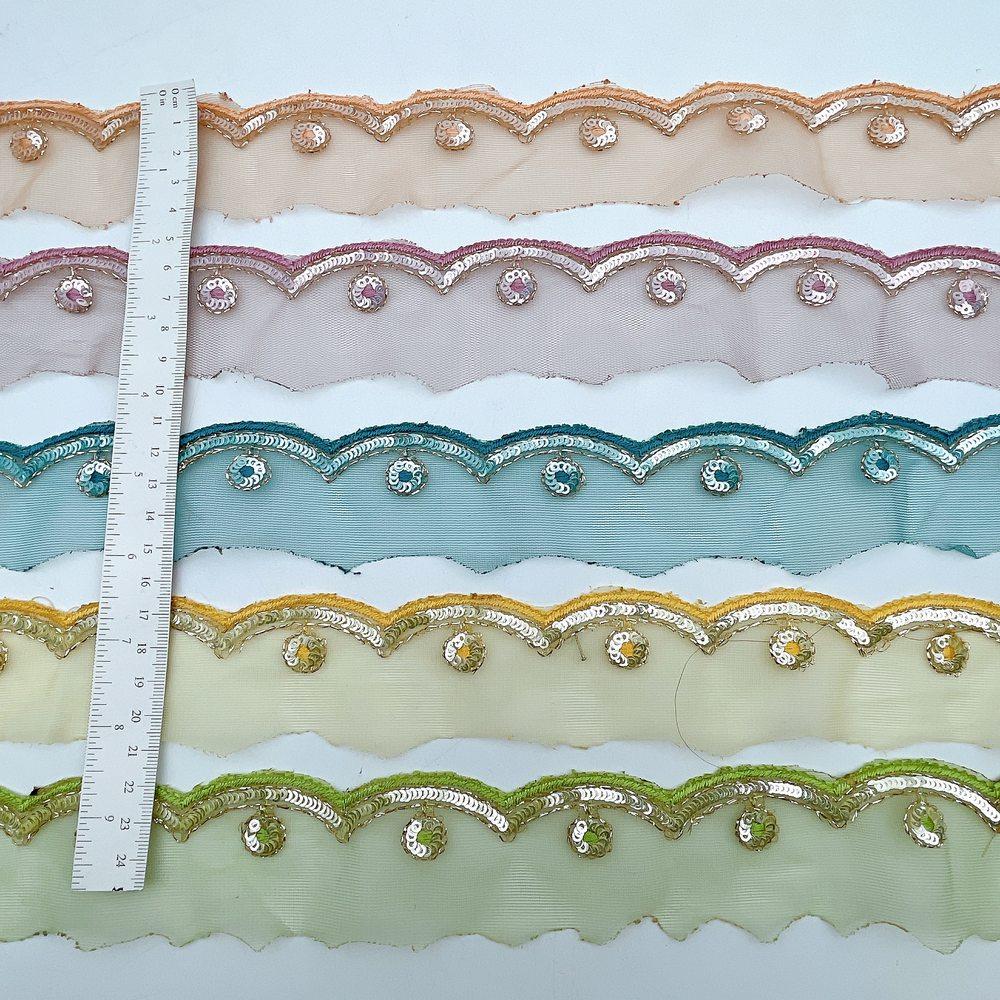 20mm Embroidered Net Wave Scallop Lace Trim - Sequin & Zari Border for Ethnic Wear, view 2