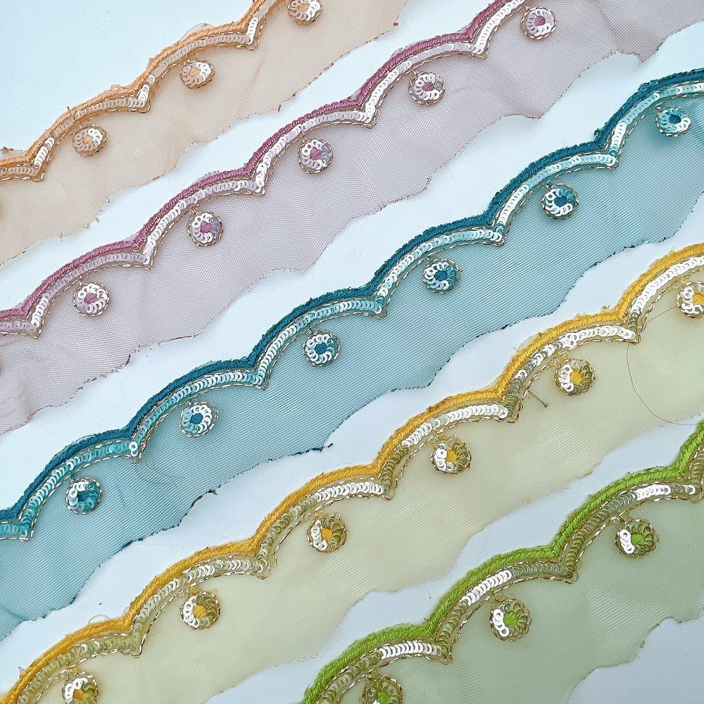20mm Embroidered Net Wave Scallop Lace Trim - Sequin & Zari Border for Ethnic Wear, view 3