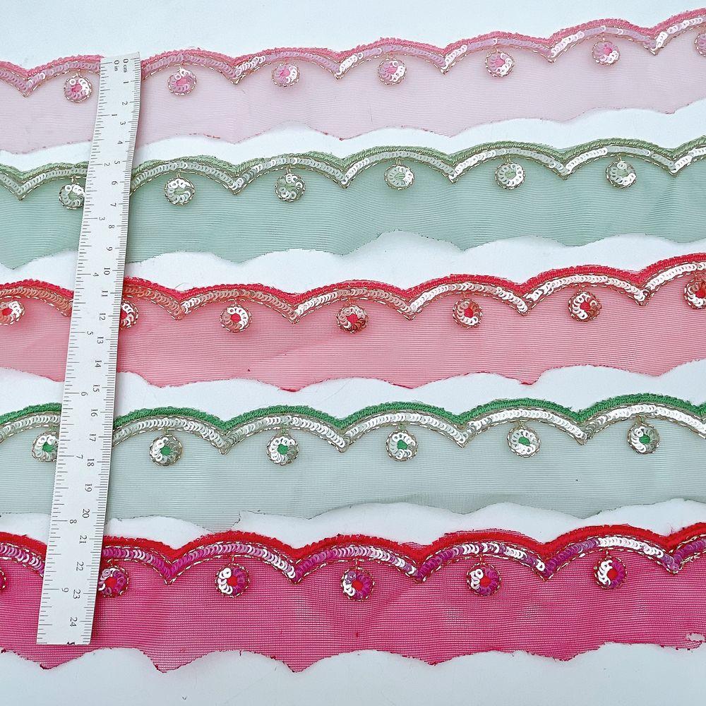 20mm Embroidered Net Wave Scallop Lace Trim - Sequin & Zari Border for Ethnic Wear, view 4