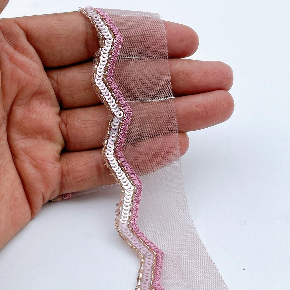 15mm Embroidered Net Zig-Zag Lace Trim - Sequin & Zari Scallop Border for Ethnic Wear in Lavender