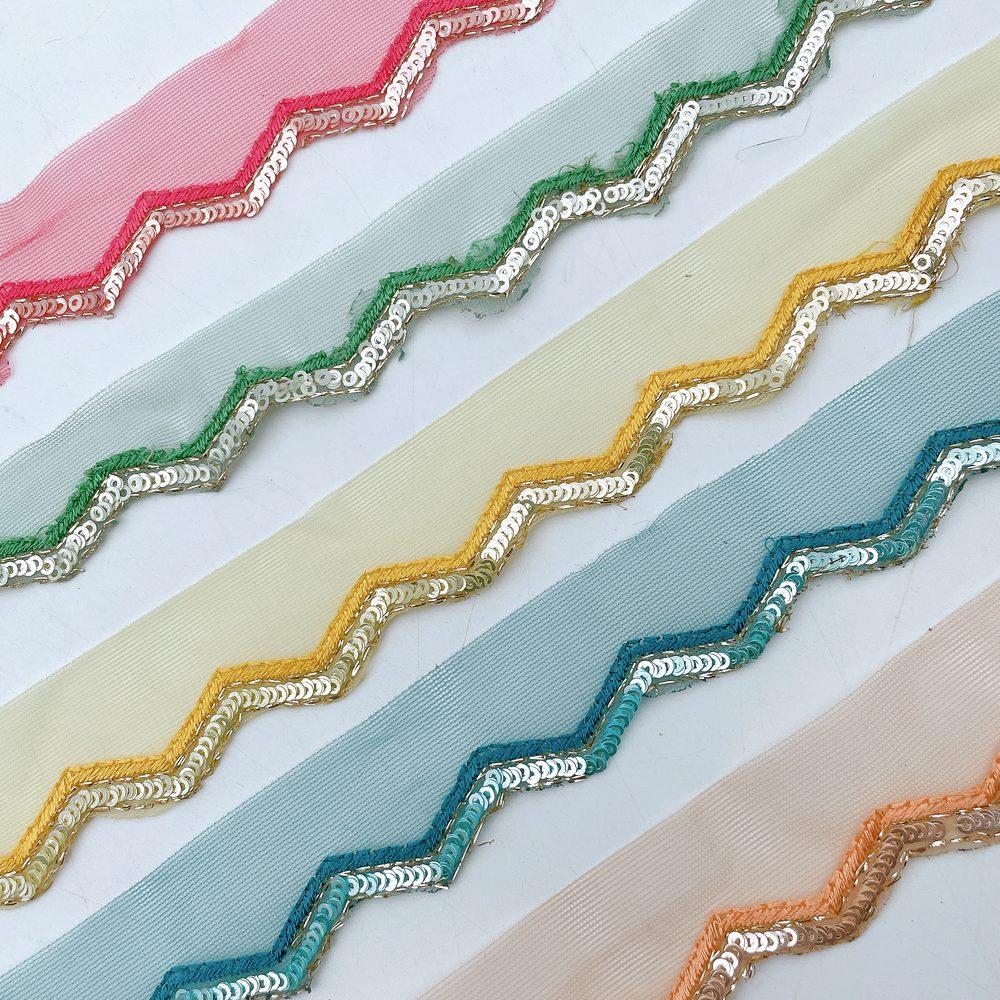 15mm Embroidered Net Zig-Zag Lace Trim - Sequin & Zari Scallop Border for Ethnic Wear, view 1