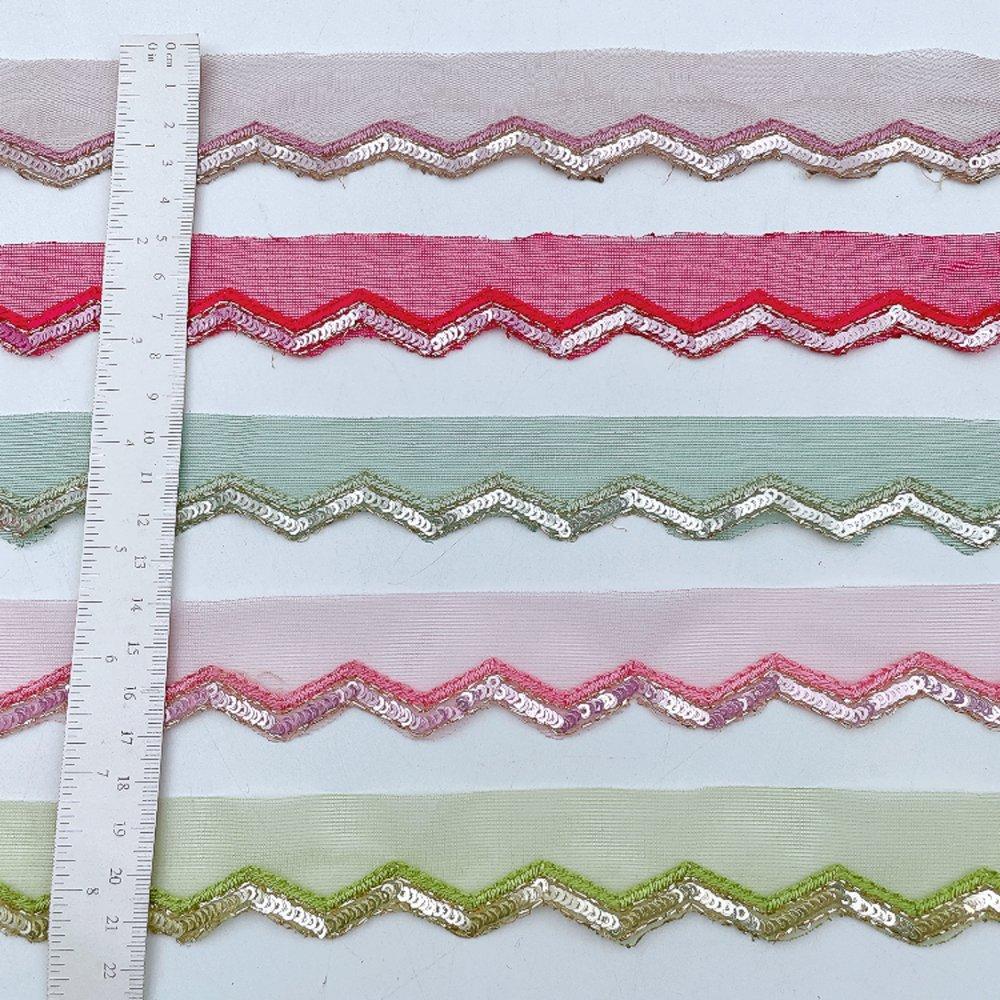 15mm Embroidered Net Zig-Zag Lace Trim - Sequin & Zari Scallop Border for Ethnic Wear, view 2