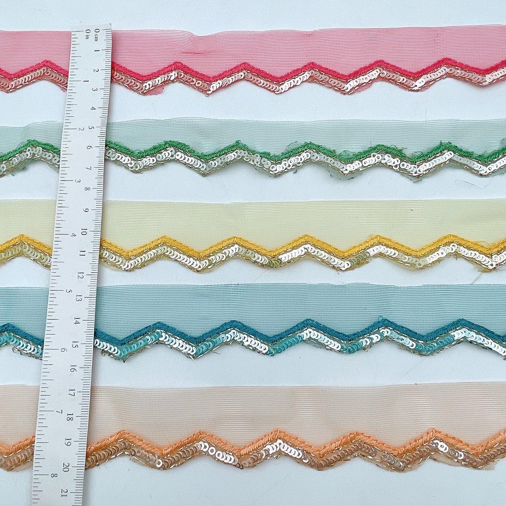 15mm Embroidered Net Zig-Zag Lace Trim - Sequin & Zari Scallop Border for Ethnic Wear, view 4