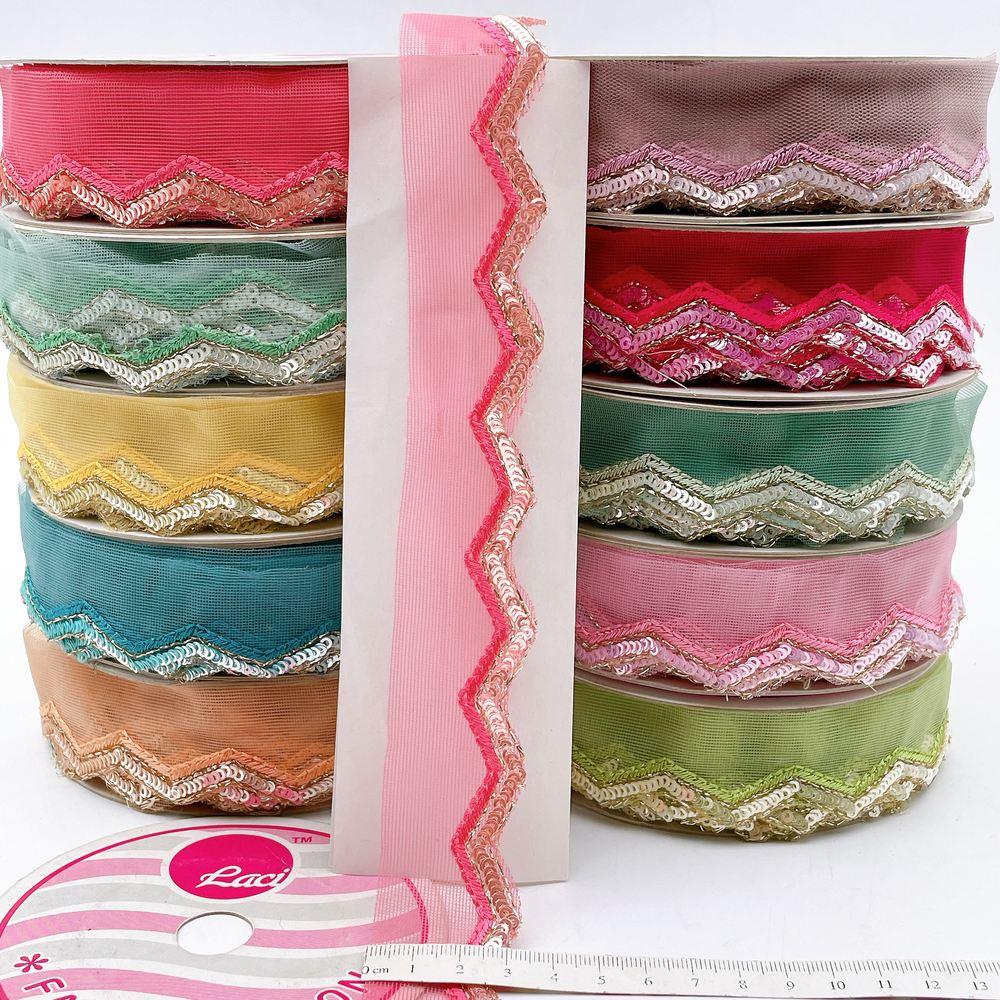 15mm Embroidered Net Zig-Zag Lace Trim - Sequin & Zari Scallop Border for Ethnic Wear, view 5