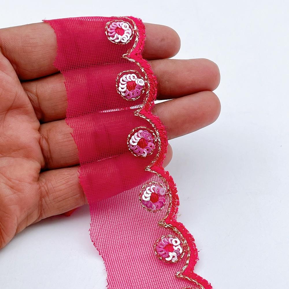 16mm Embroidered Net Scallop Lace Trim - Sequin Flower & Zari Border for Ethnic Wear in Fuchsia