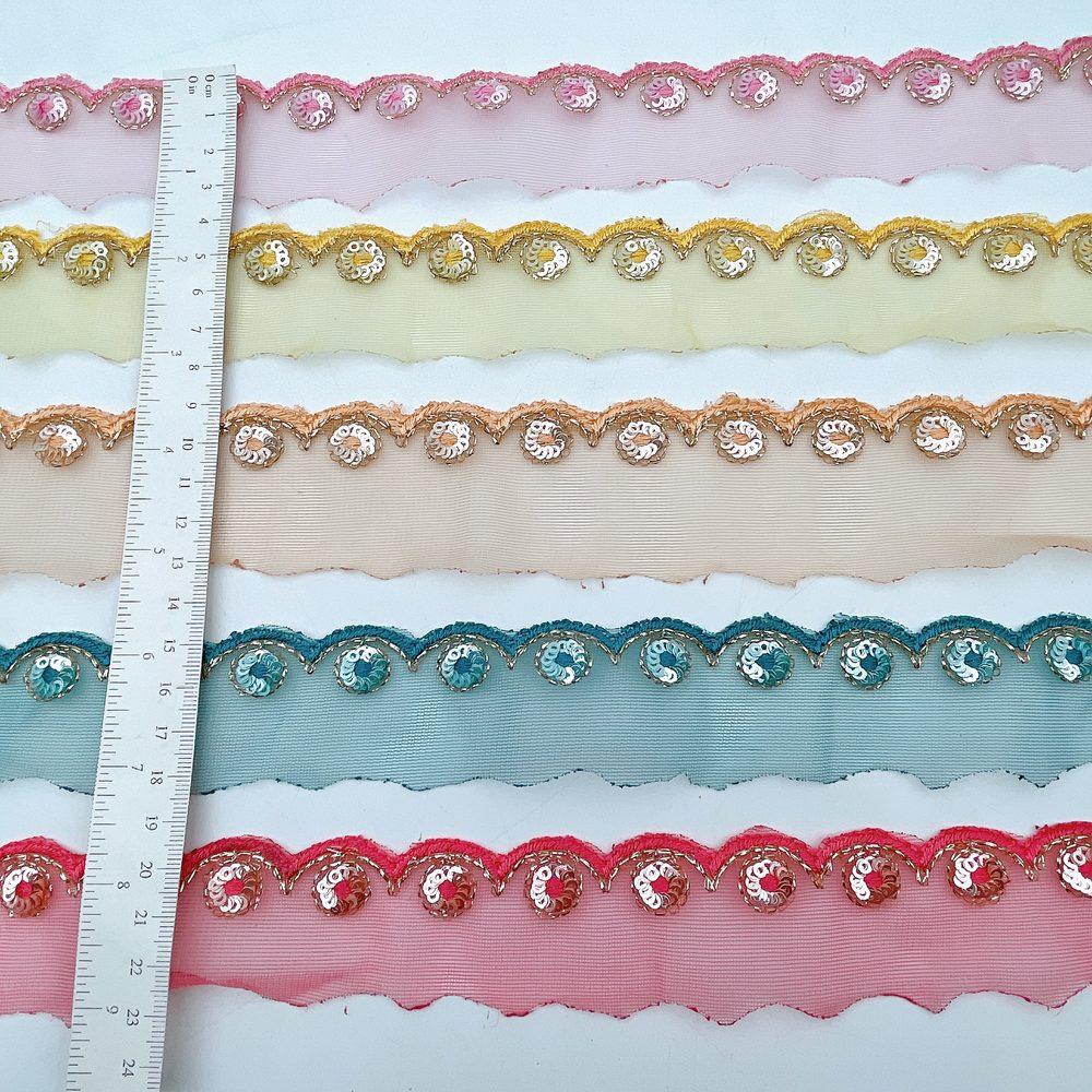 16mm Embroidered Net Scallop Lace Trim - Sequin Flower & Zari Border for Ethnic Wear, view 3