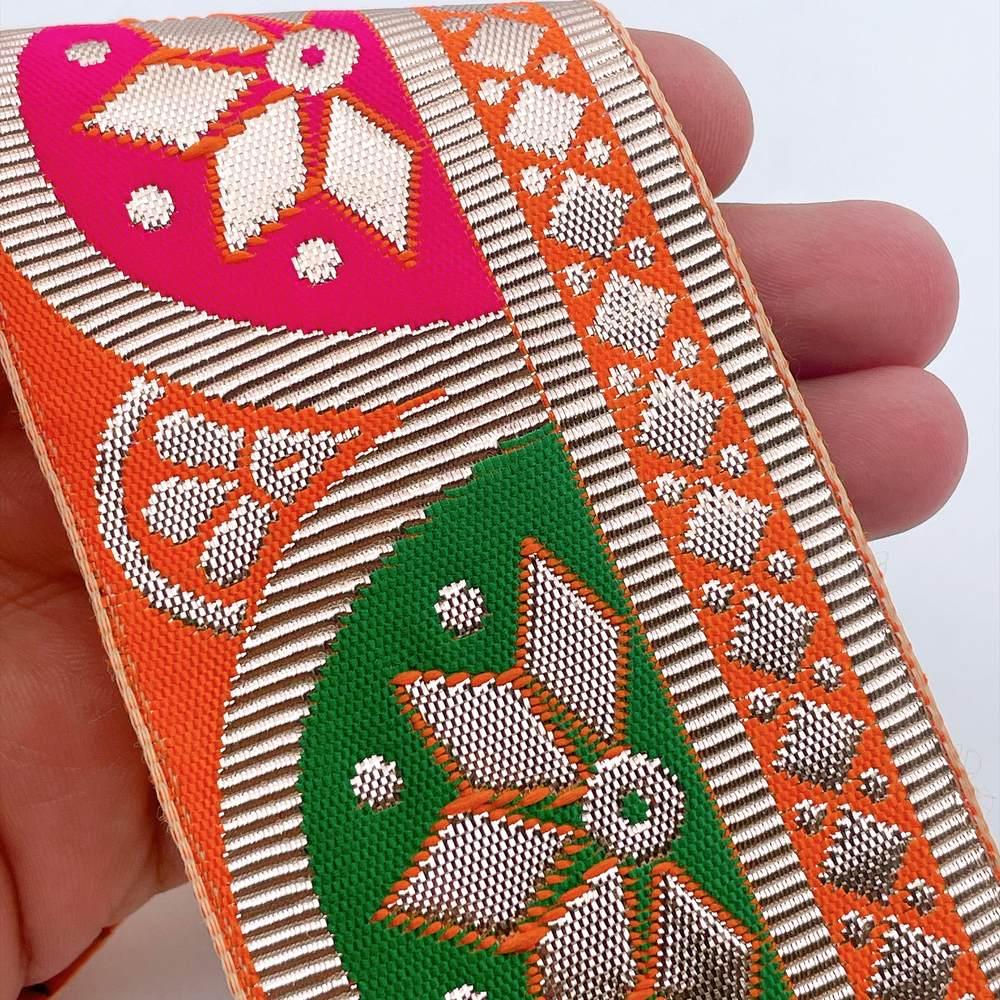 58mm Traditional Geometric Floral Jacquard Ribbon - Woven Banarasi Zari Border for Ethnic Wear in Orange