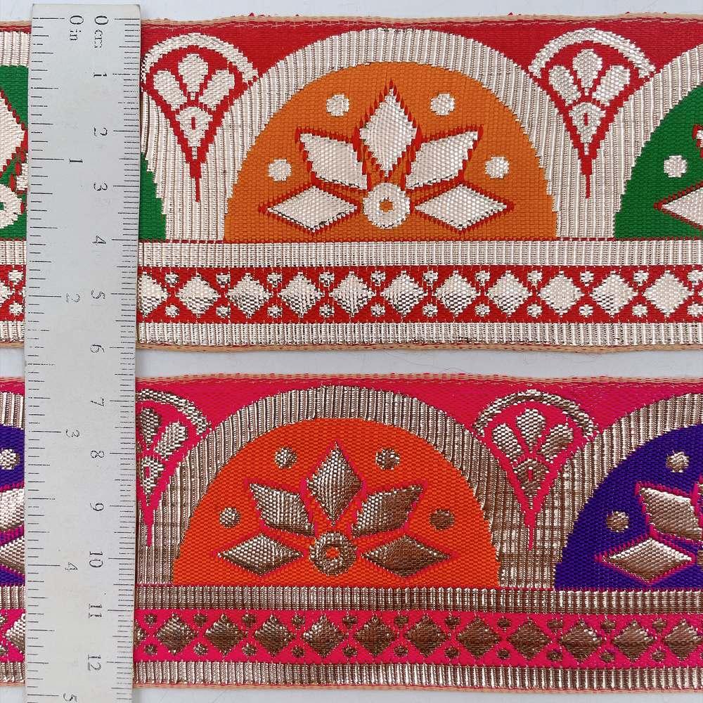58mm Traditional Geometric Floral Jacquard Ribbon - Woven Banarasi Zari Border for Ethnic Wear, view 2
