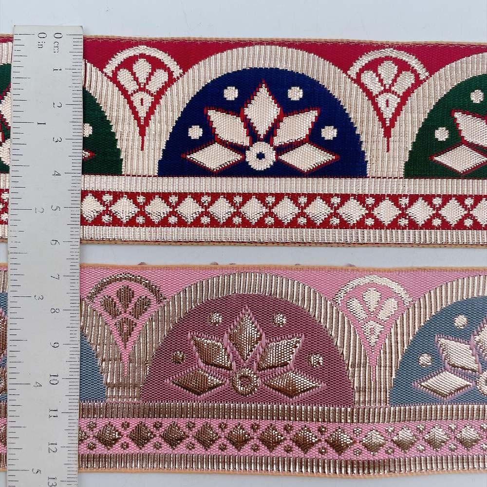 58mm Traditional Geometric Floral Jacquard Ribbon - Woven Banarasi Zari Border for Ethnic Wear, view 3