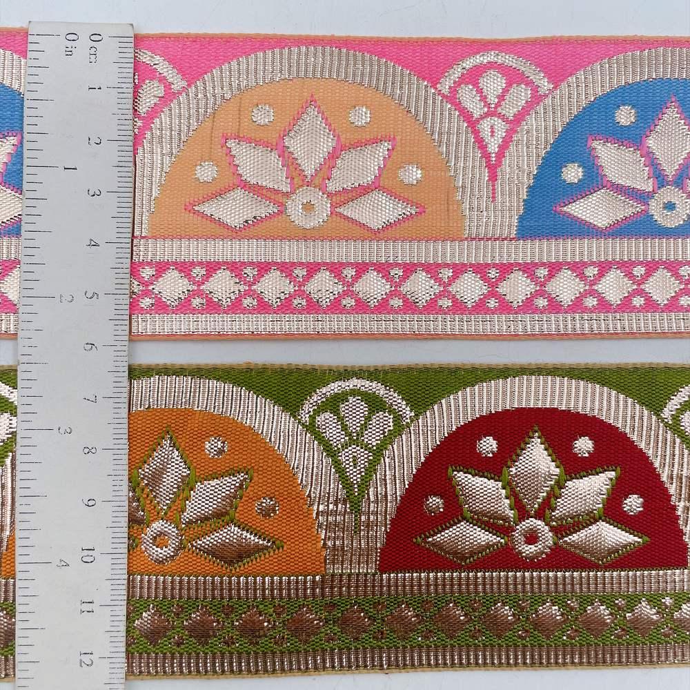 58mm Traditional Geometric Floral Jacquard Ribbon - Woven Banarasi Zari Border for Ethnic Wear, view 5