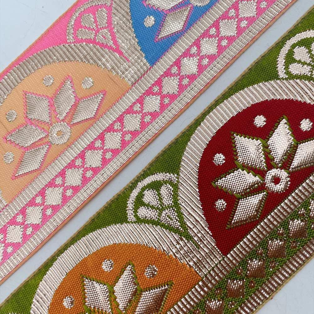 58mm Traditional Geometric Floral Jacquard Ribbon - Woven Banarasi Zari Border for Ethnic Wear, view 6