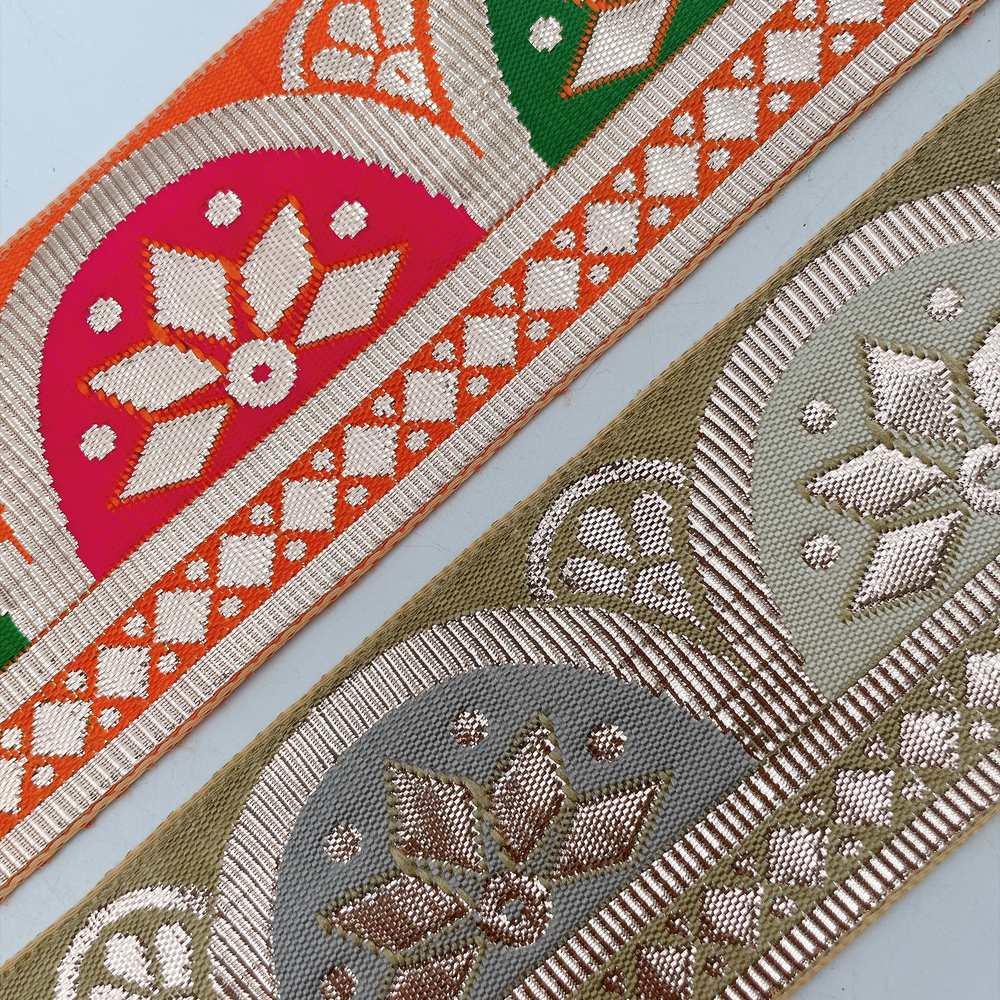 58mm Traditional Geometric Floral Jacquard Ribbon - Woven Banarasi Zari Border for Ethnic Wear, view 8