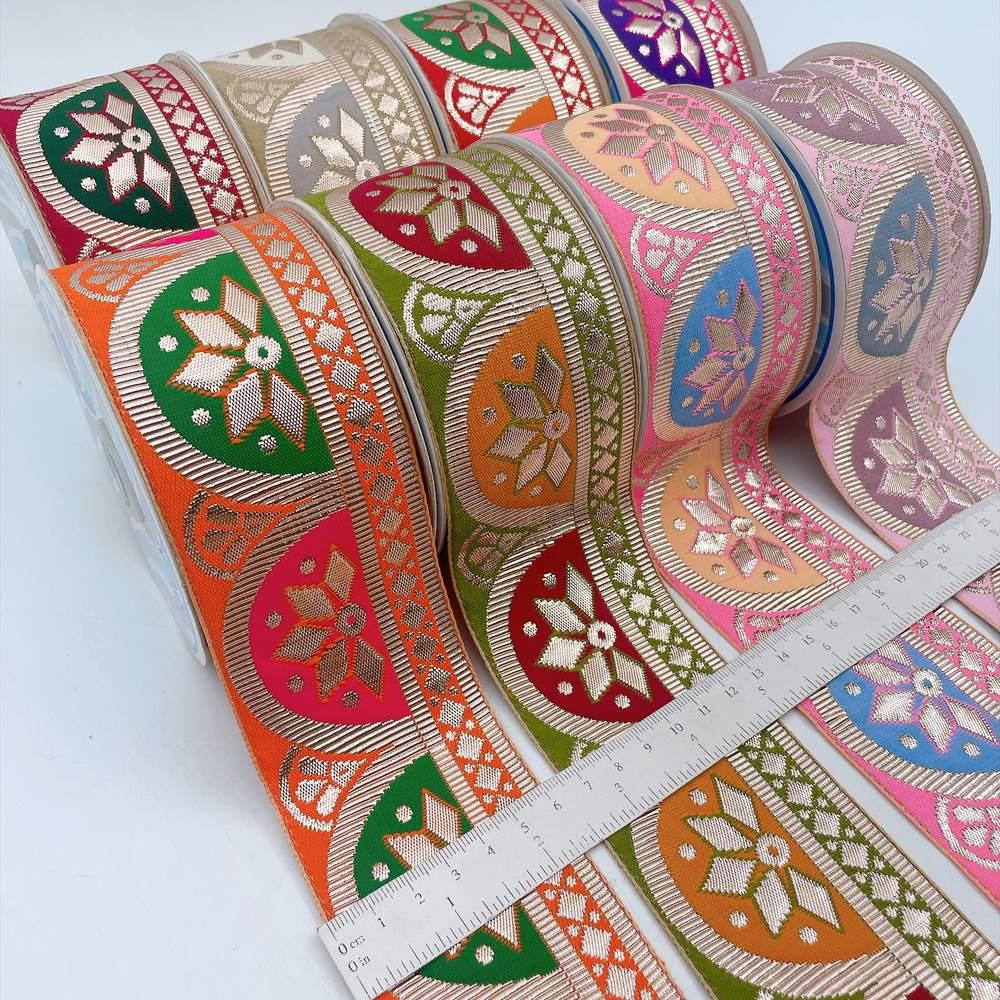 58mm Traditional Geometric Floral Jacquard Ribbon - Woven Banarasi Zari Border for Ethnic Wear, view 9