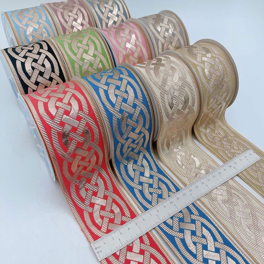 56mm Geometric Chevron Floral Jacquard Ribbon - Woven Banarasi Zari Border for Ethnic Wear, view 1