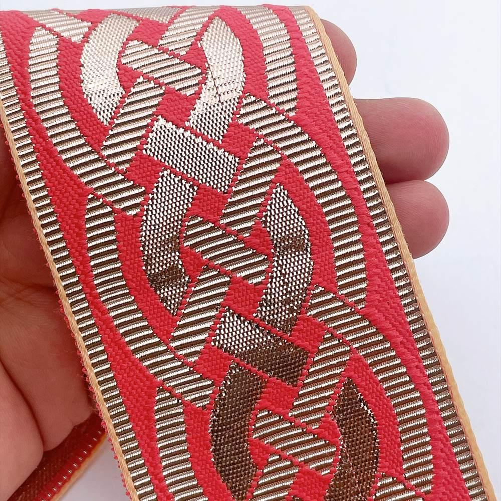 56mm Geometric Chevron Floral Jacquard Ribbon - Woven Banarasi Zari Border for Ethnic Wear, view 14