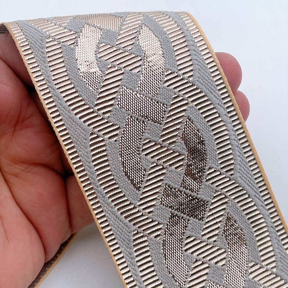 56mm Geometric Chevron Floral Jacquard Ribbon - Woven Banarasi Zari Border for Ethnic Wear, view 19