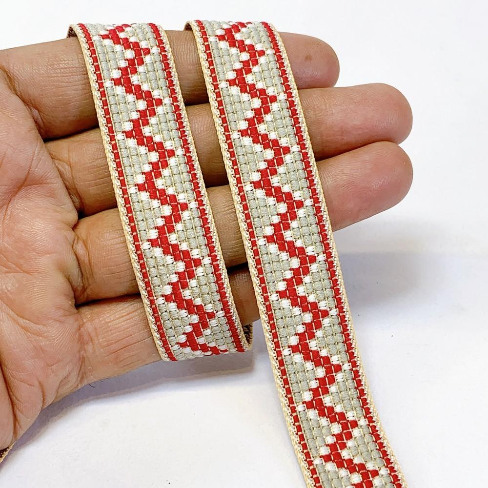 19mm Geometric Cross-Stitch Tape - Multicolor Border for Sewing and Home D�cor, shown on white cotton