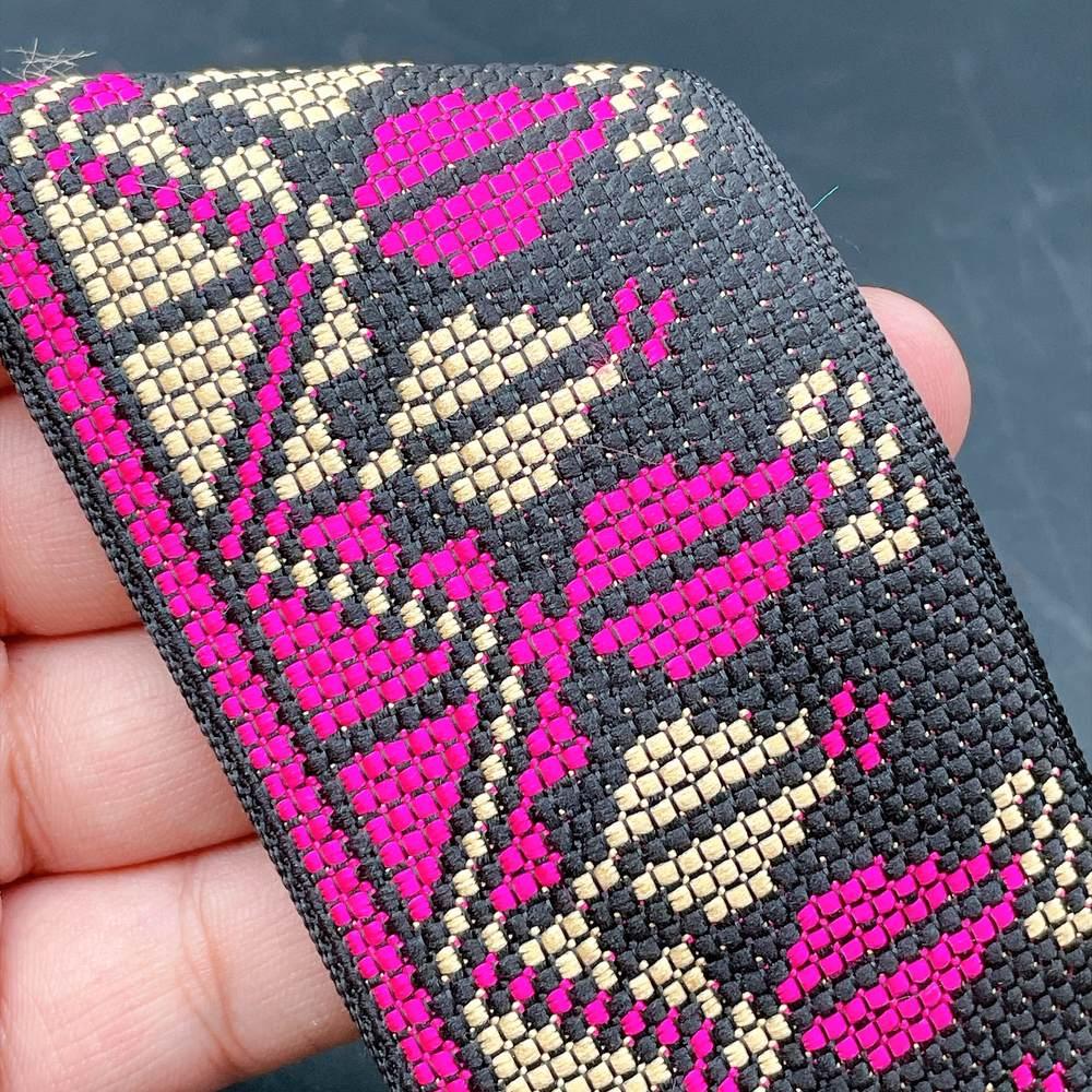 56mm Wide Cross-Stitch Ribbon Trim - Woven Geometric Tapestry Border for Bags and Upholstery in Fuchsia