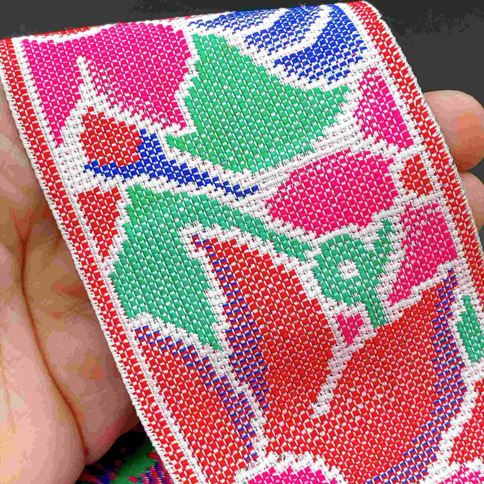72mm Wide Cross-Stitch Ribbon Trim Vibrant Woven Floral Tapestry Tape for Bags and Decor in Red