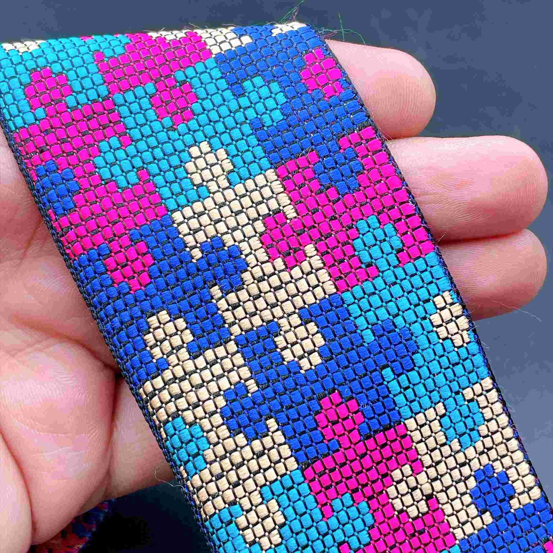 55mm Wide Cross-Stitch Ribbon Trim - Vibrant Pixelated Border for Bags and Decor in Cyan