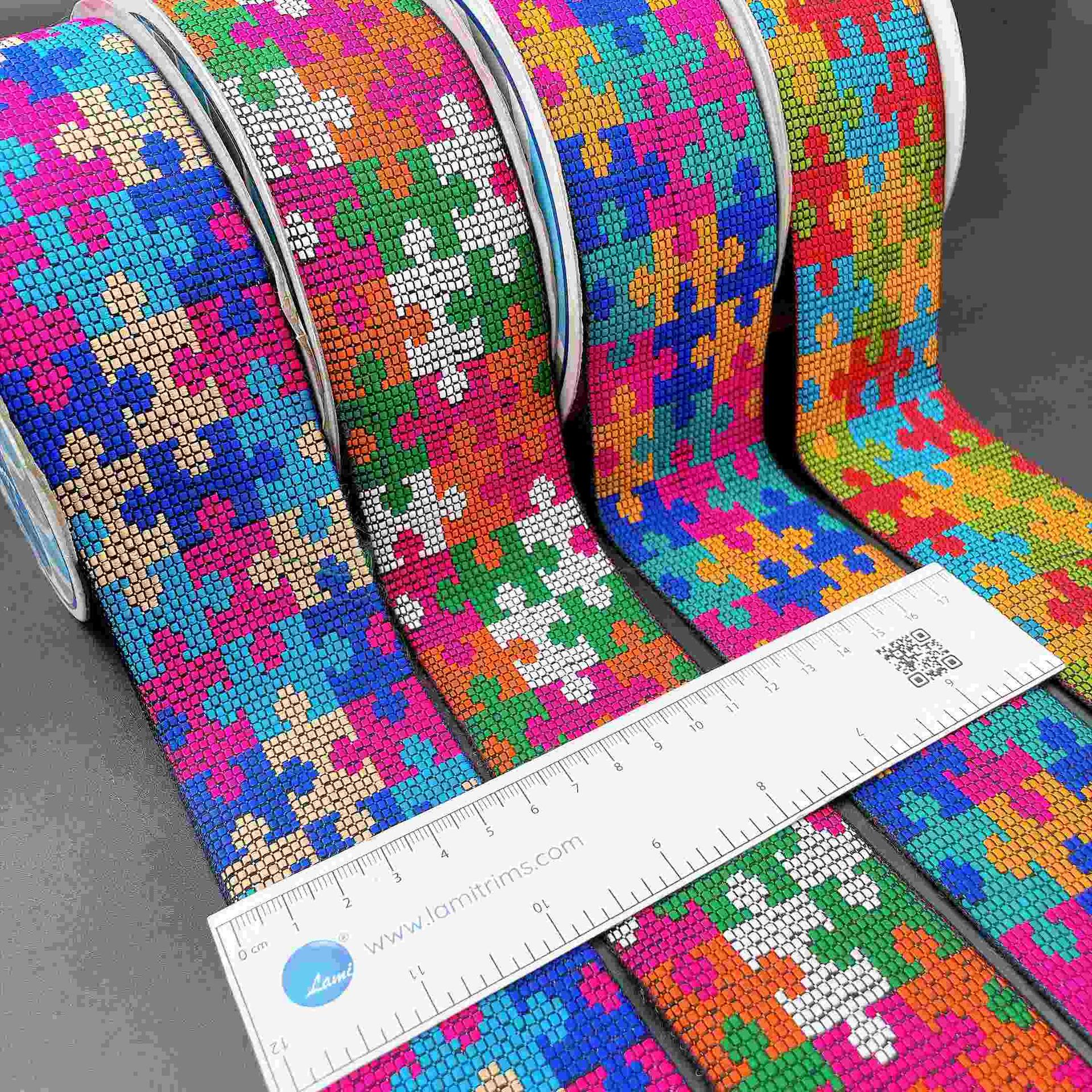 55mm Wide Cross-Stitch Ribbon Trim - Vibrant Pixelated Border for Bags and Decor, view 1