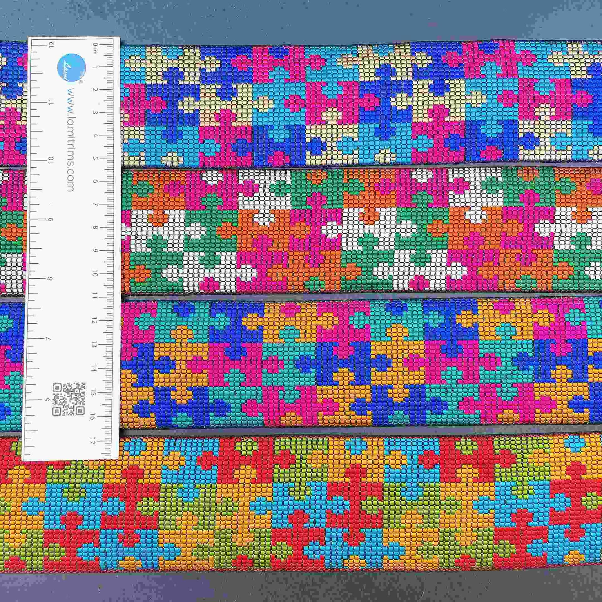55mm Wide Cross-Stitch Ribbon Trim - Vibrant Pixelated Border for Bags and Decor, view 2