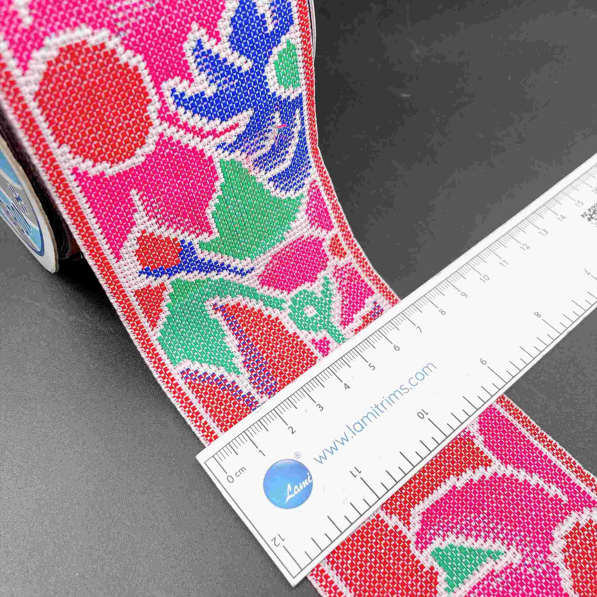 72mm Wide Cross-Stitch Ribbon Trim Vibrant Woven Floral Tapestry Tape for Bags and Decor, view 1
