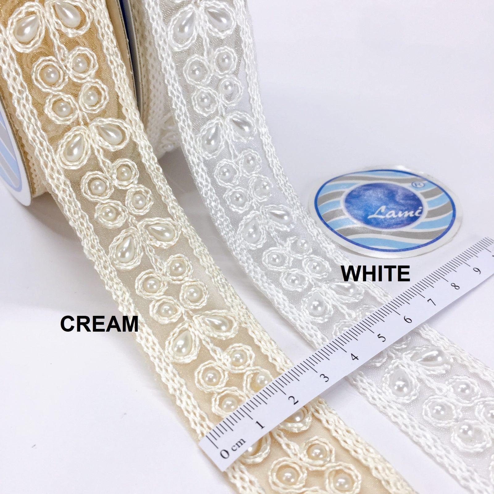 25mm Dori Work Embroidery Lace with White Moti Beads Work Border, shown on white cotton