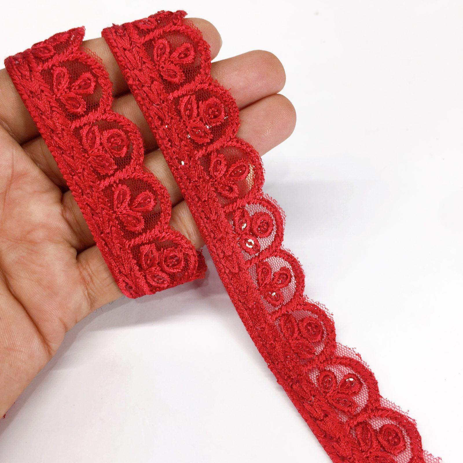 25mm Jute Flower Design Embroidery Cutwork lace with Matching Sequins Work Border, shown on white cotton