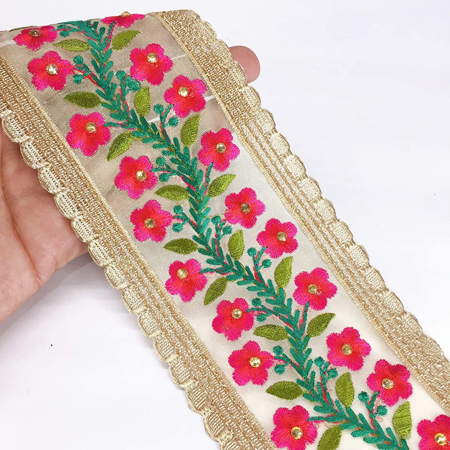80mm Creeper Design Embroidery With Diamond Work and Gold Lace Piping, shown on white cotton