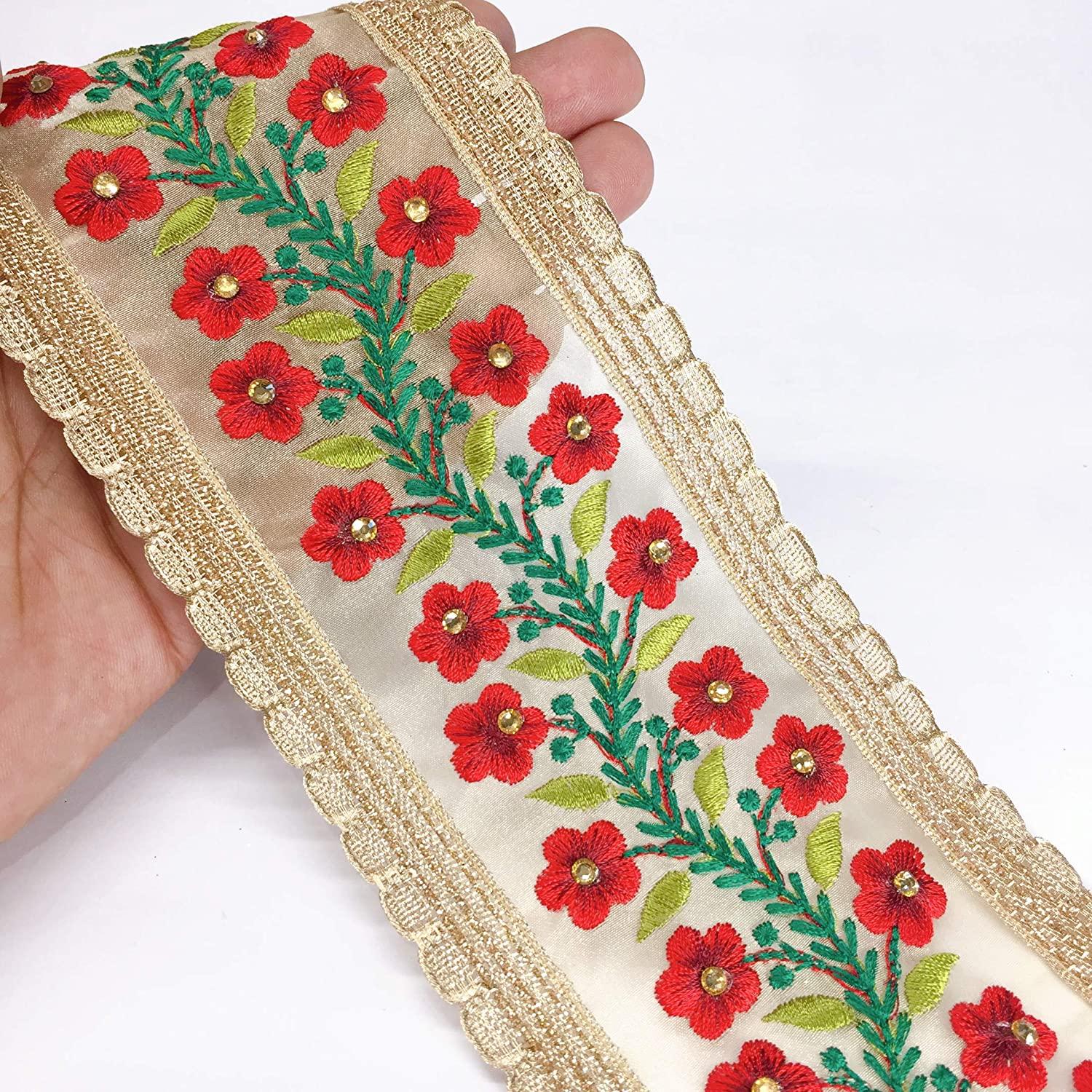 80mm Creeper Design Embroidery With Diamond Work and Gold Lace Piping, shown on white cotton
