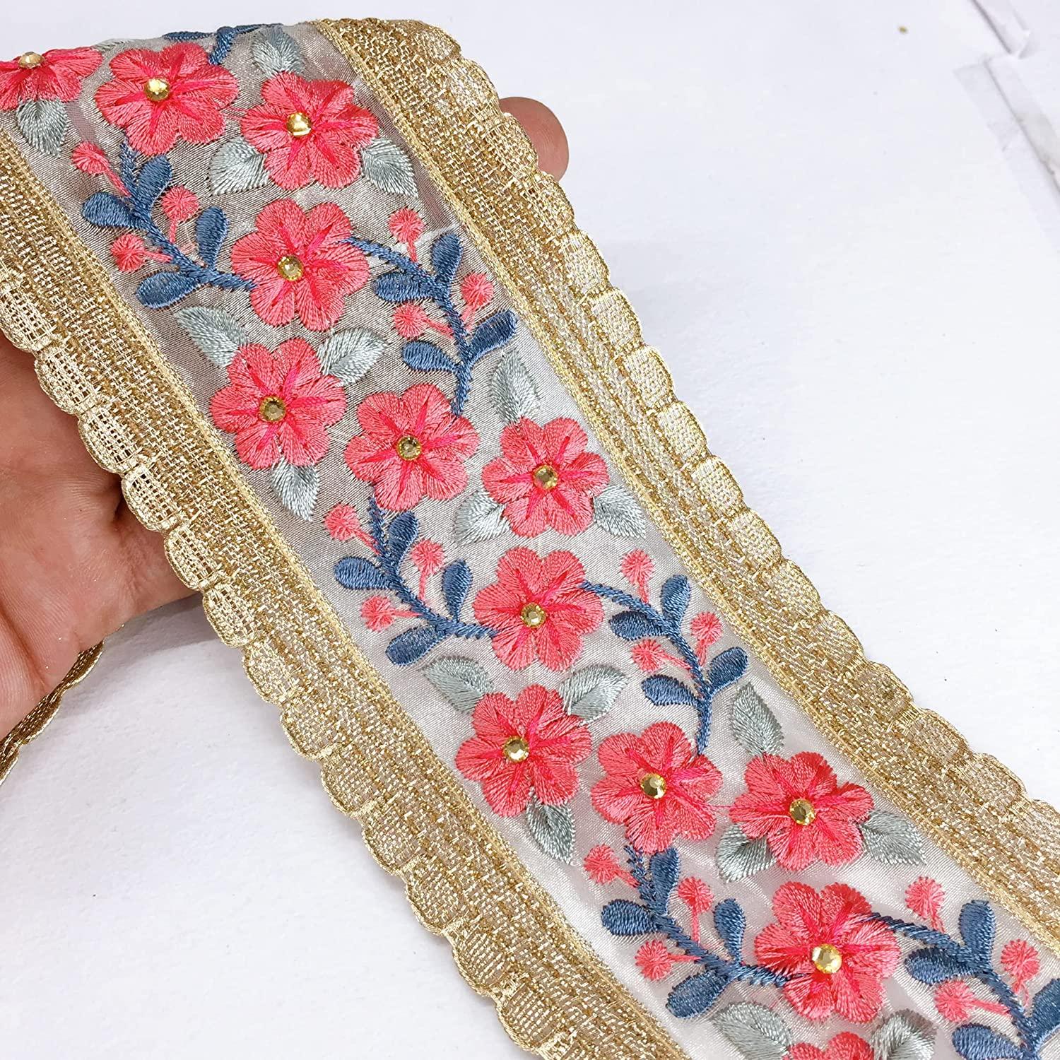 80mm Flower Design Embroidery With Diamond Work and Gold Lace Piping, shown on white cotton