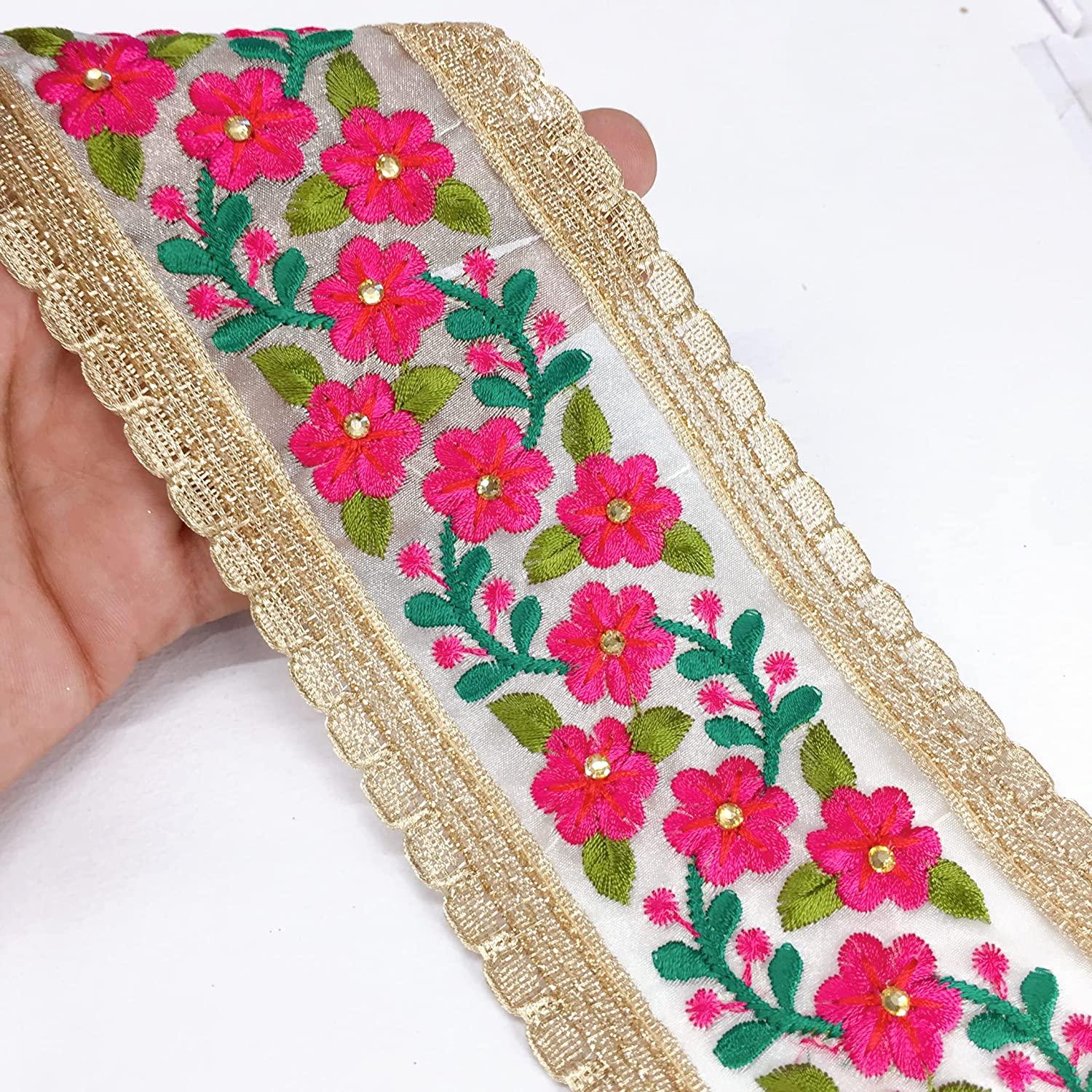 80mm Flower Design Embroidery With Diamond Work and Gold Lace Piping, shown on white cotton