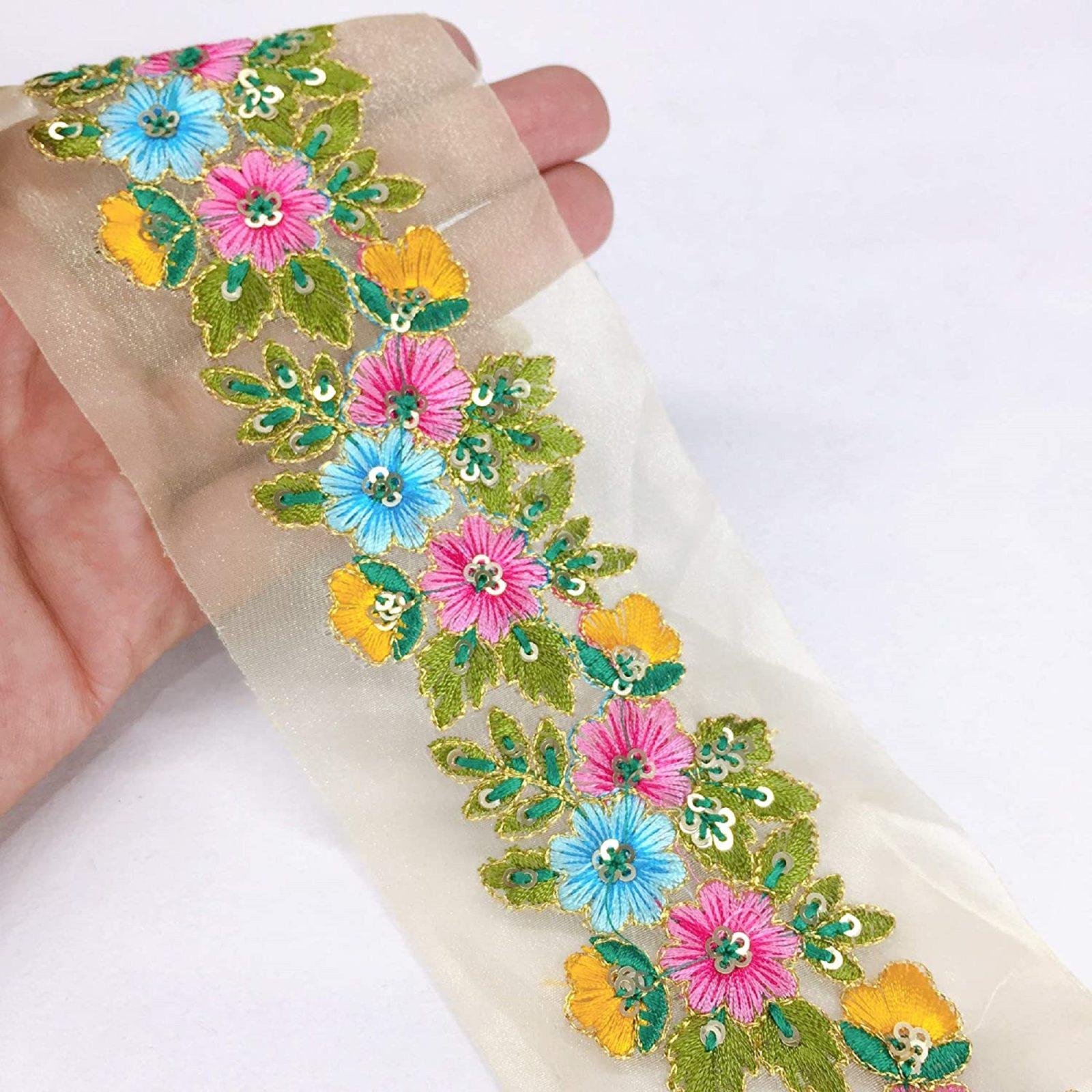 70mm Flowers Design Embroidery Work and Sequins Work, shown on white cotton