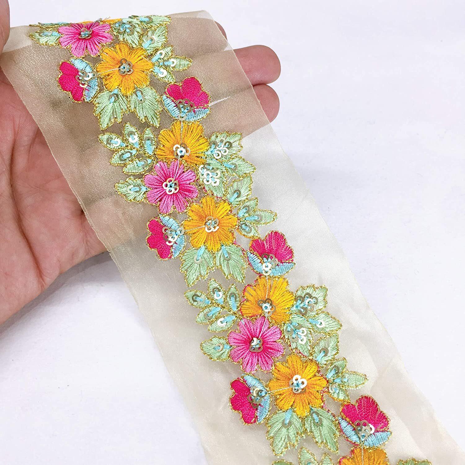 70mm Flowers Design Embroidery Work and Sequins Work, shown on white cotton