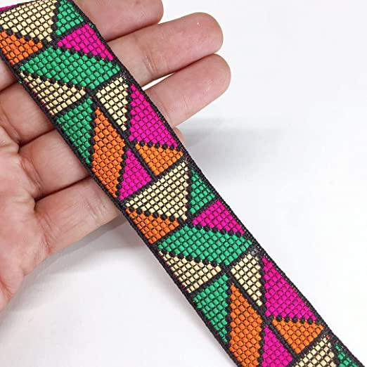 30mm Jacquard Multicolour Geometric Design, shown on white cotton