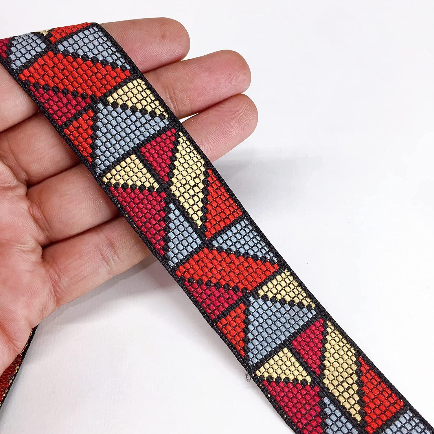 30mm Jacquard Multicolour Geometric Design, shown on white cotton