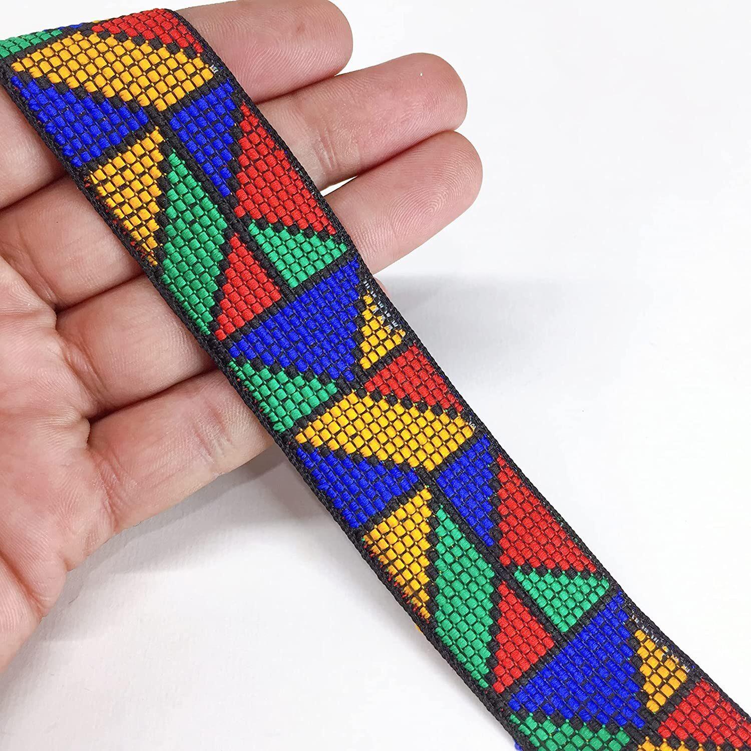 30mm Jacquard Multicolour Geometric Design, shown on white cotton
