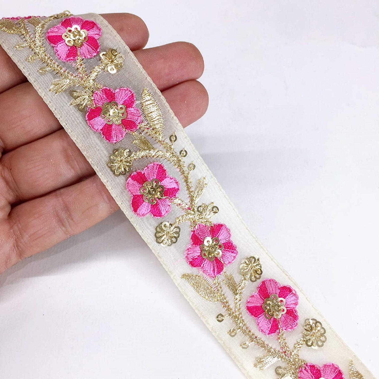 30mm Flower Design Embroidery Work and Sequins Work Ribbon, shown on white cotton