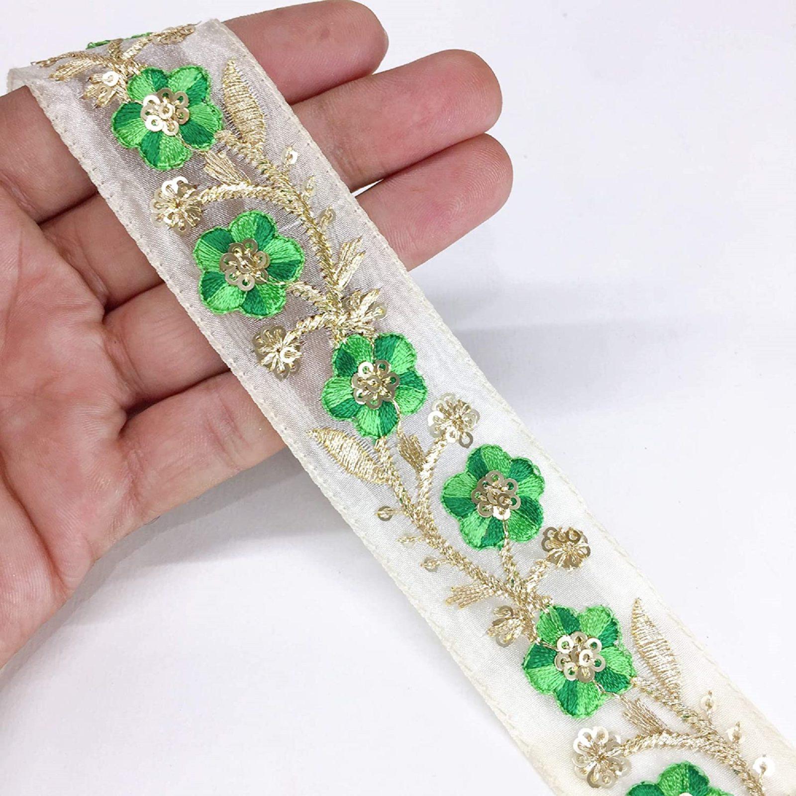 30mm Flower Design Embroidery Work and Sequins Work Ribbon, shown on white cotton