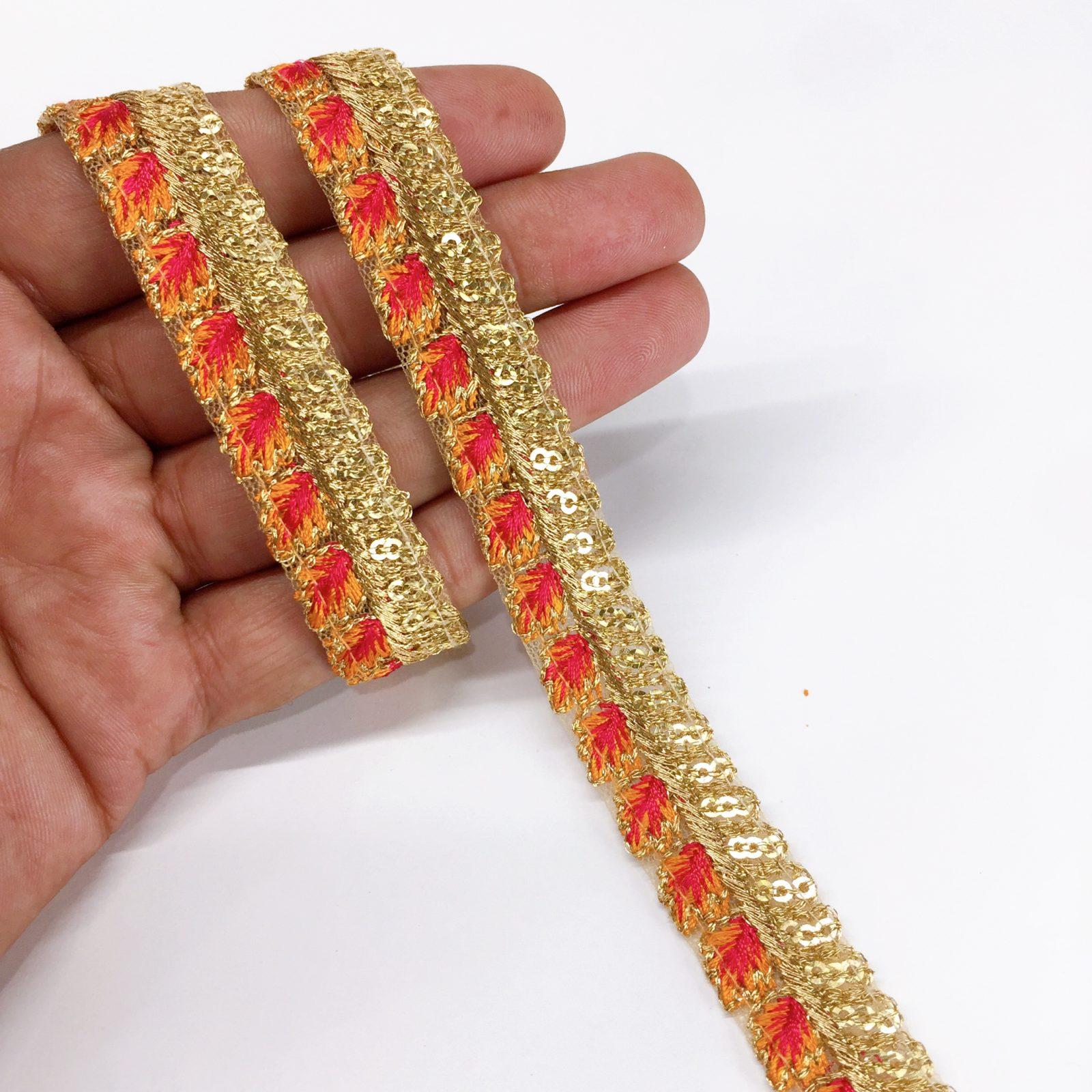 15mm Leaf Design Embroidery lace with Golden Sequins Work Border, shown on white cotton