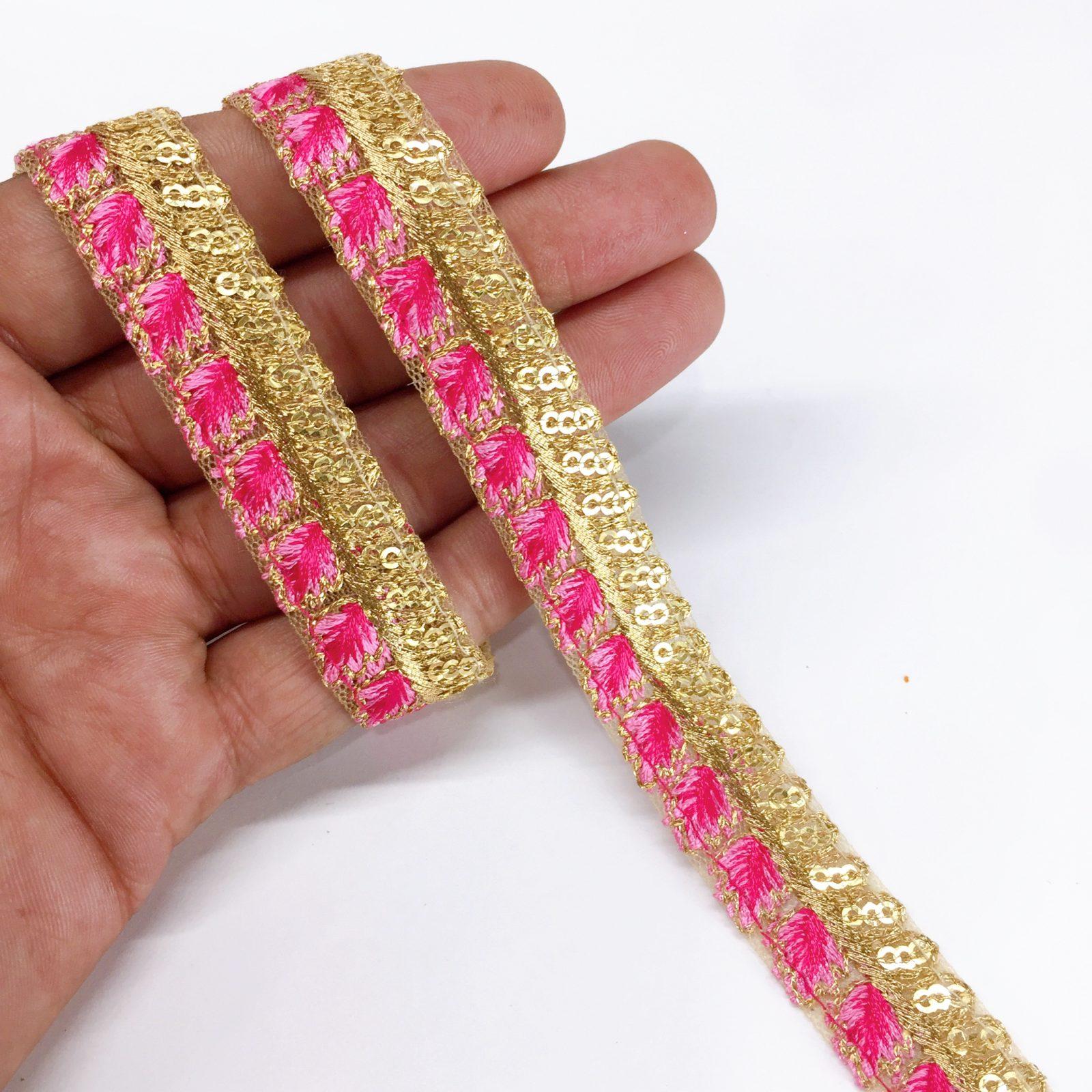 15mm Leaf Design Embroidery lace with Golden Sequins Work Border, shown on white cotton