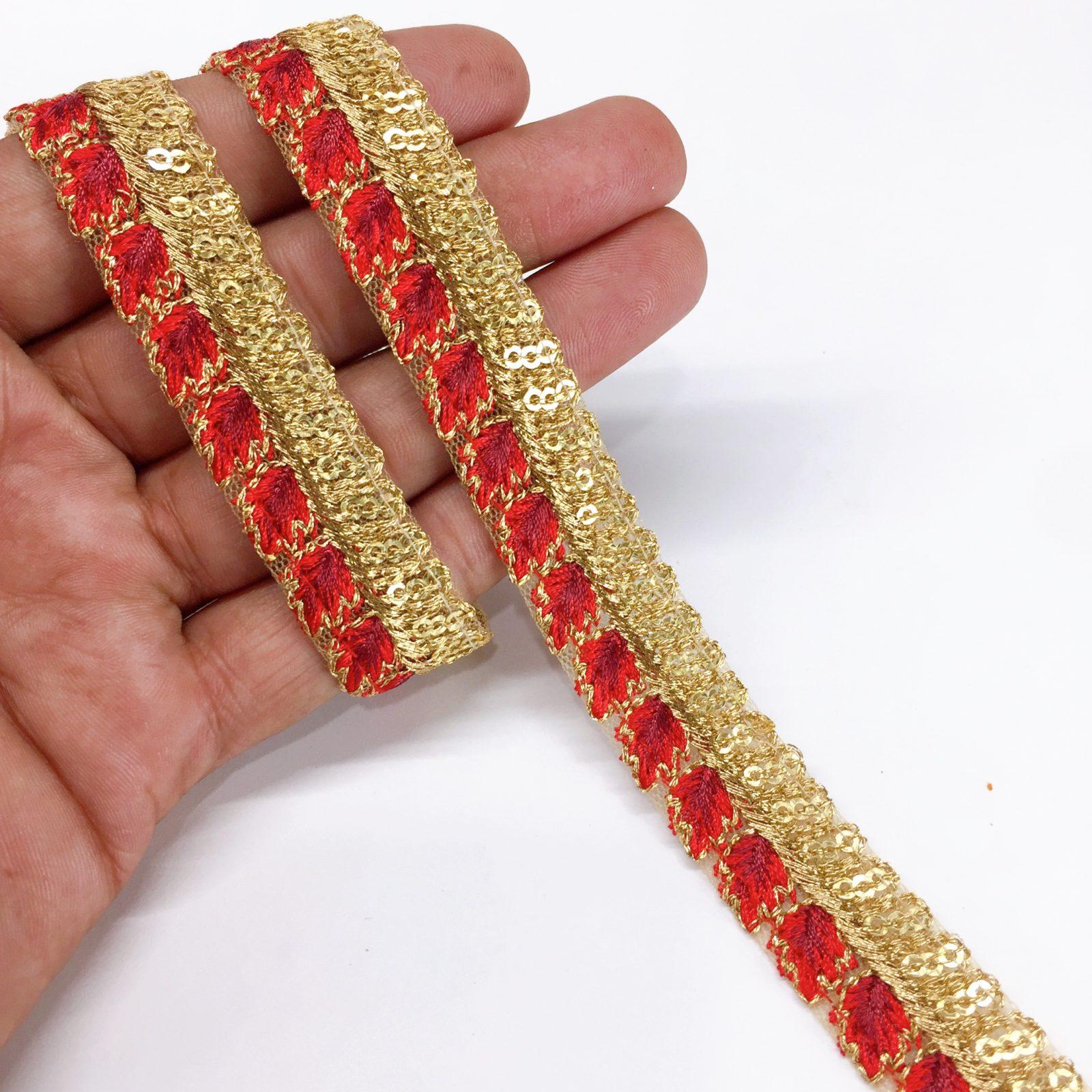 15mm Leaf Design Embroidery lace with Golden Sequins Work Border, shown on white cotton