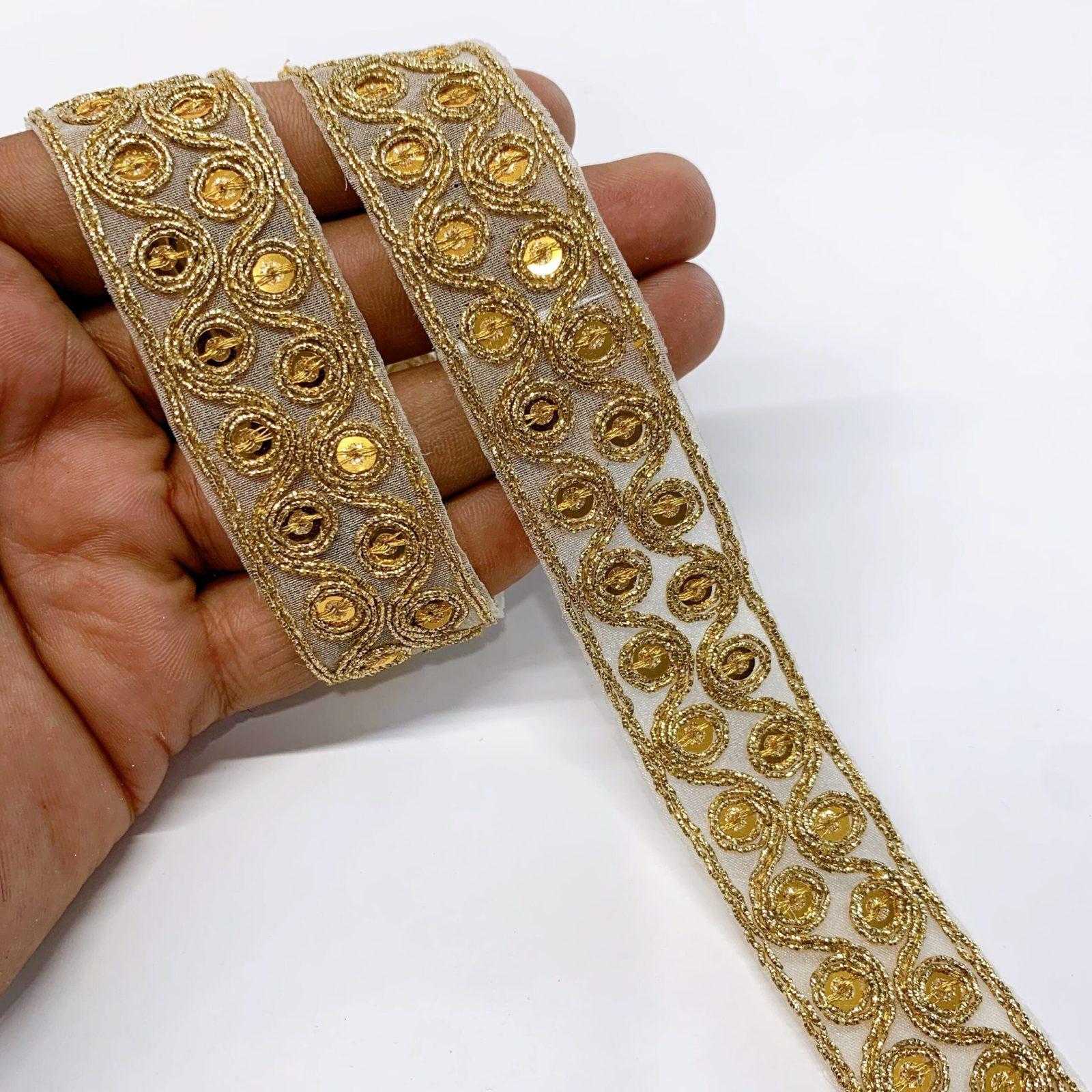 20mm Designer Embroidery Golden Sequins Work and Dori Work, shown on white cotton