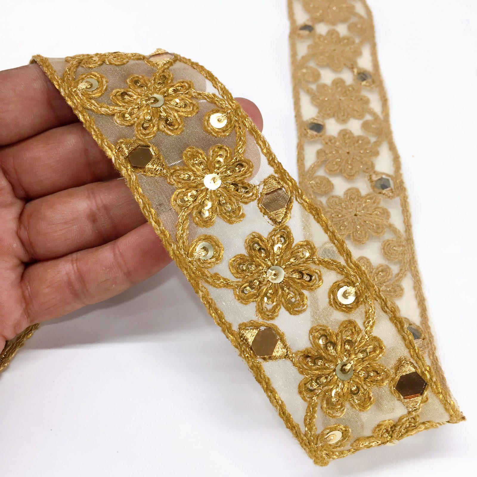30mm Flower Design Embroidery Golden Dori Work, Sequins and Mirror Work Trim, shown on white cotton