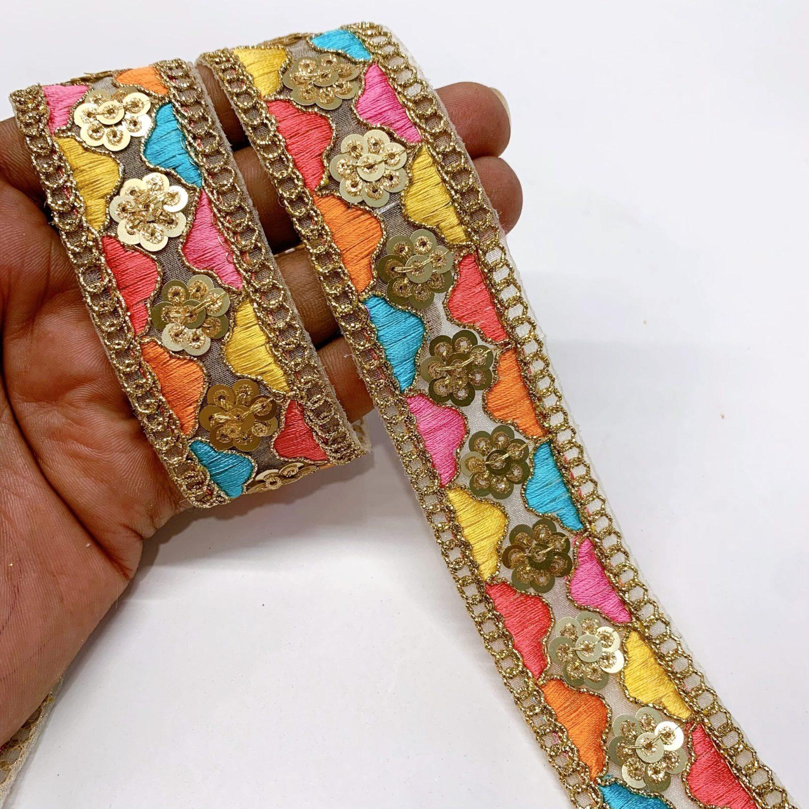 30mm Light Multicolour Embroidery Sequins Flower Design Lace With Dori Work, shown on white cotton