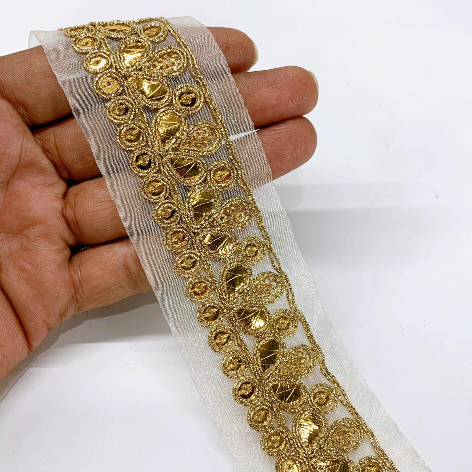 40mm Embroidery Leaf Design Golden Dori And Sequins Work, shown on white cotton